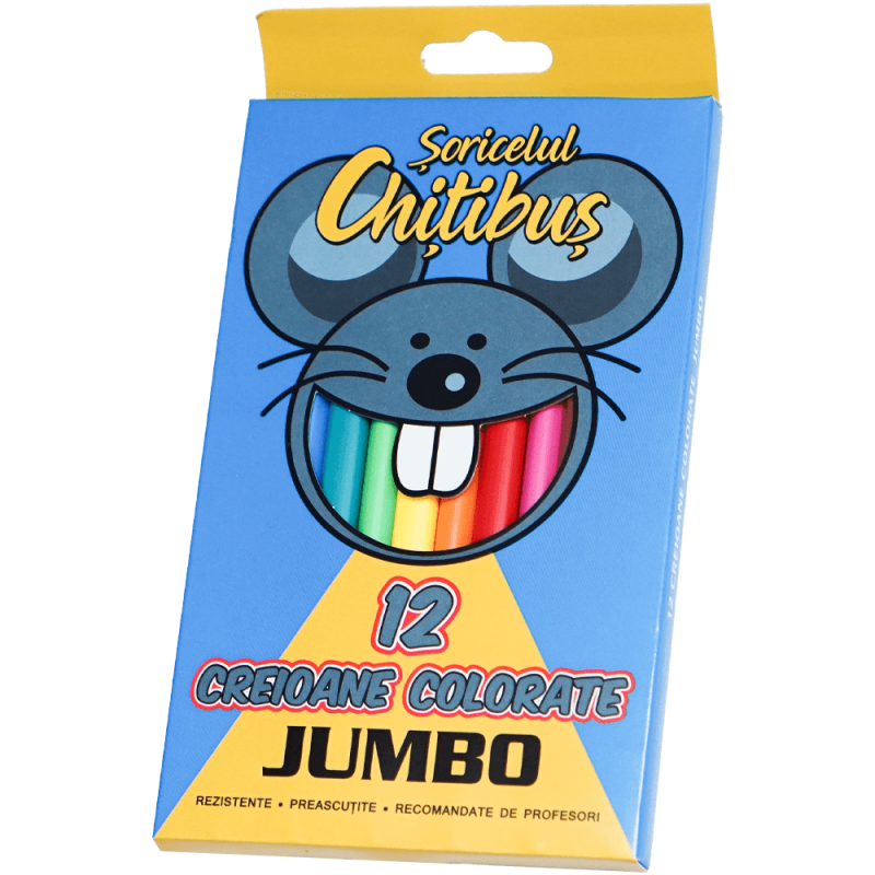 Creioane colorate Jumbo 12 buc preascutite pentru copii, Soricelul Chitibus